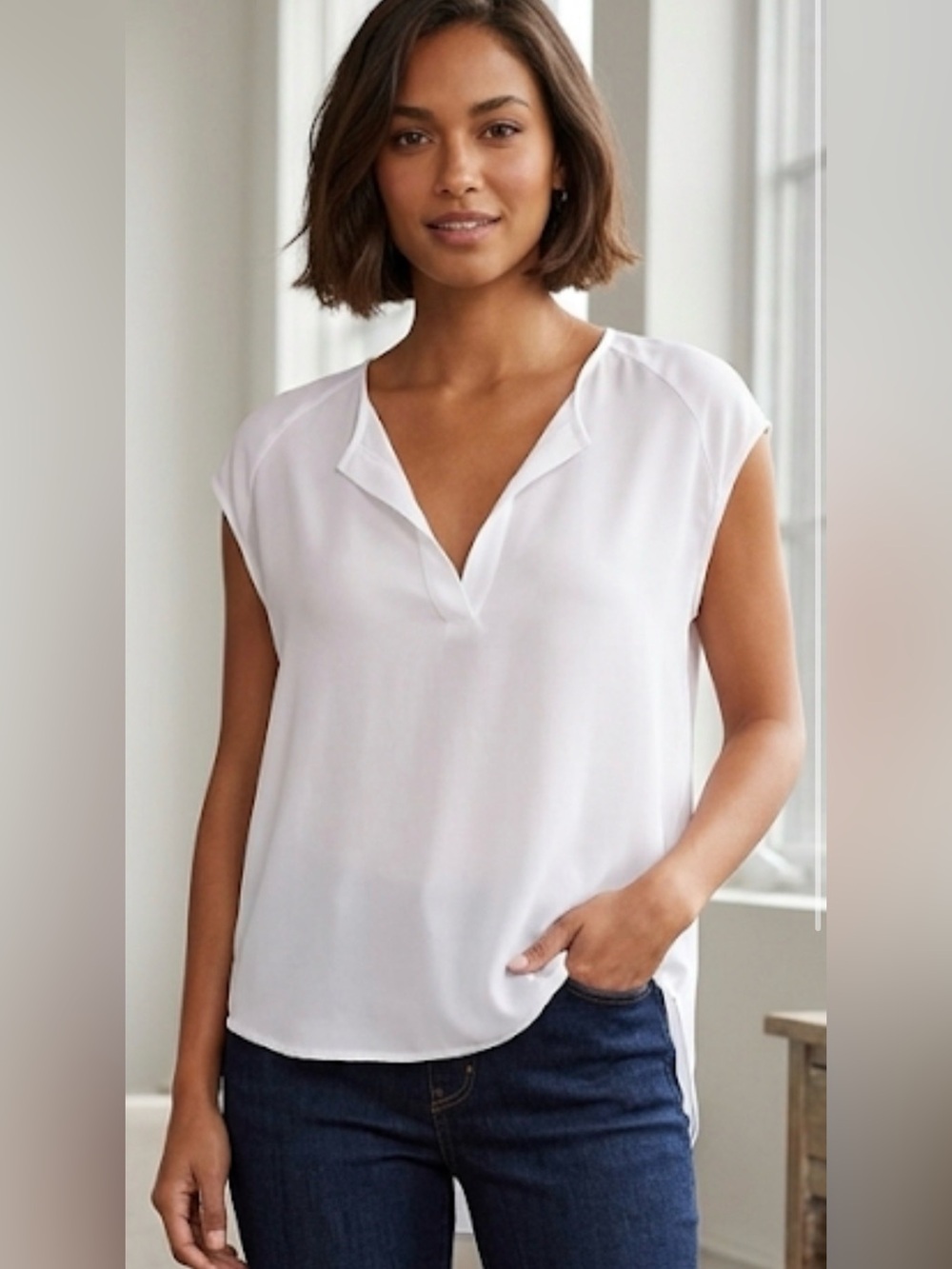 Show Me Your Mumu White V-Neck Cap Sleeve Sheer Blouse